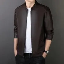 Men's PU leather jacket loose fit medium length 65cm black colour front view