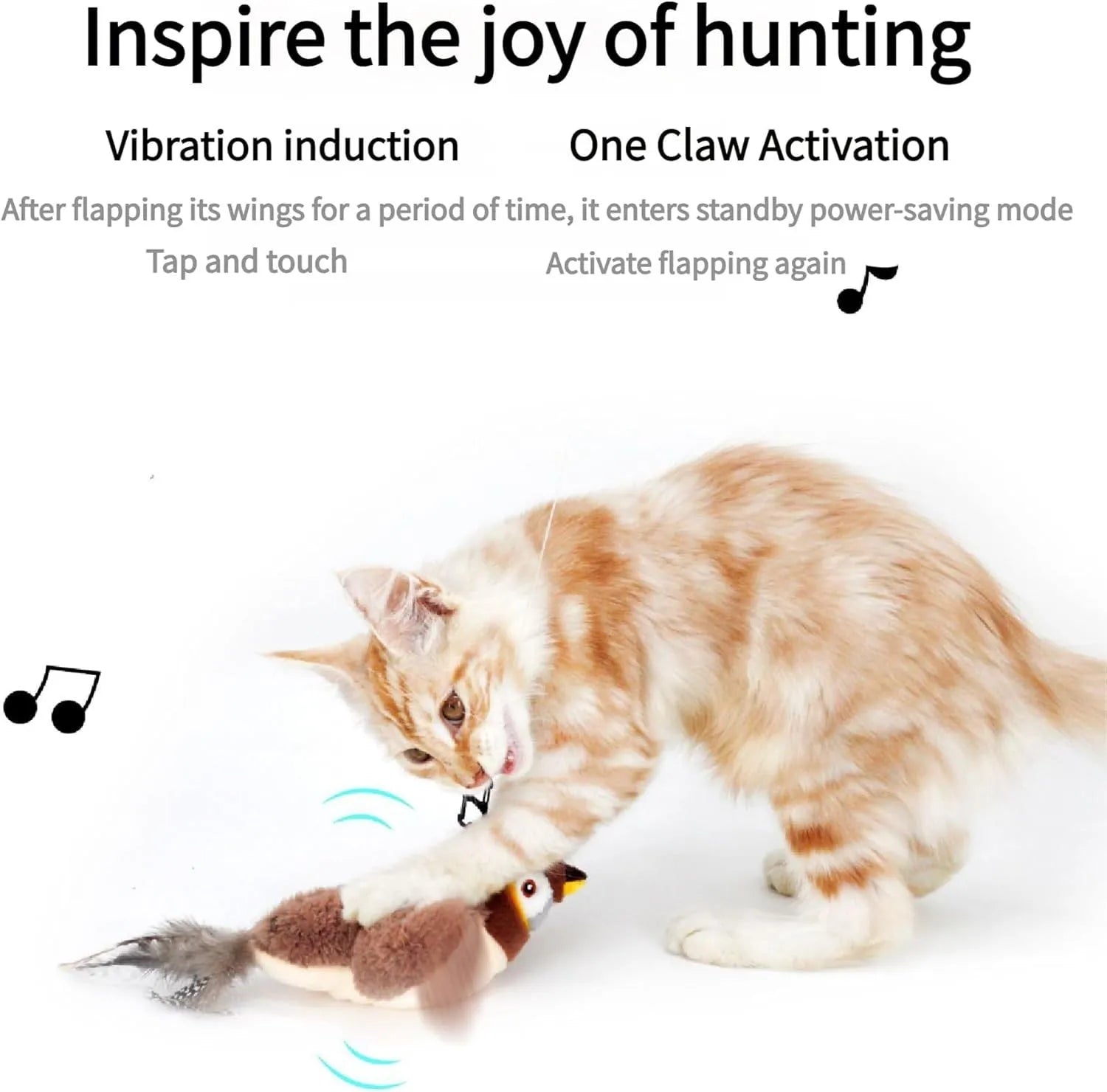 Interactive flapping chirping bird cat toy with feather tail for indoor bored cats