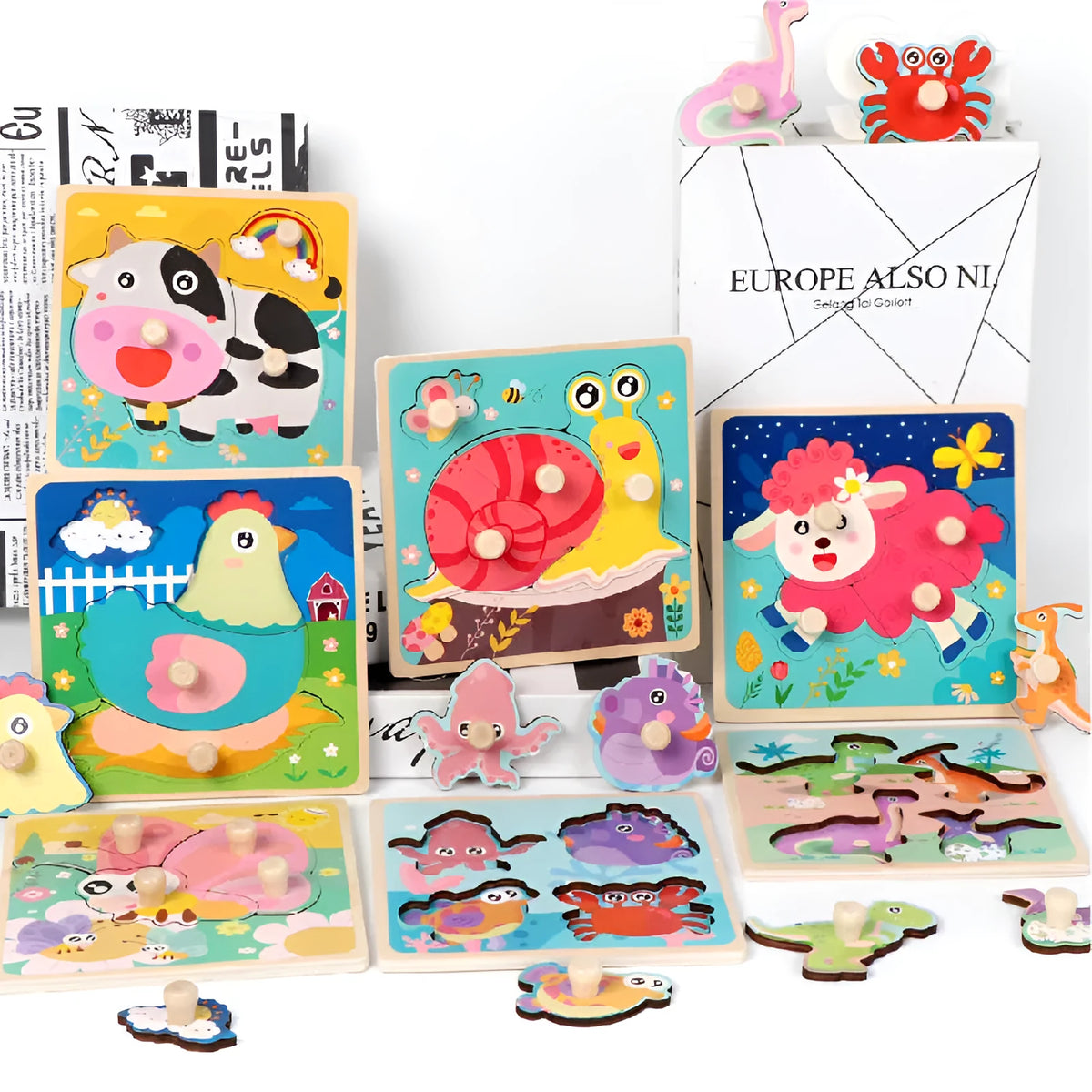 Wooden dowel pin puzzle board toy for ages 4-6 with hand-holding pieces and animal illustration