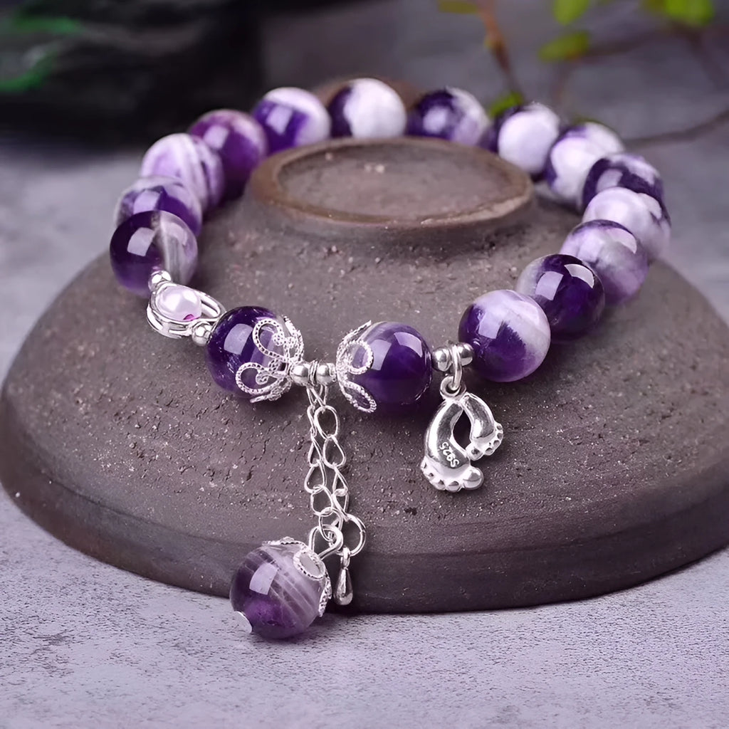 Natural purple amethyst bracelet with 10mm round beads and unset inlaid details for women