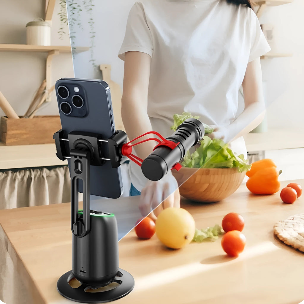 P05 black desktop rotating mobile phone holder with round chassis and ambient light