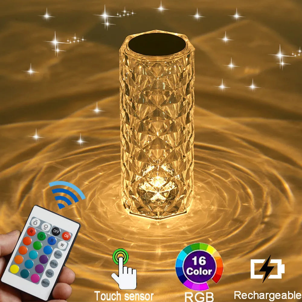 Creative crystal diamond table lamp with rechargeable RGB16 colour touch controls on a bedside table
