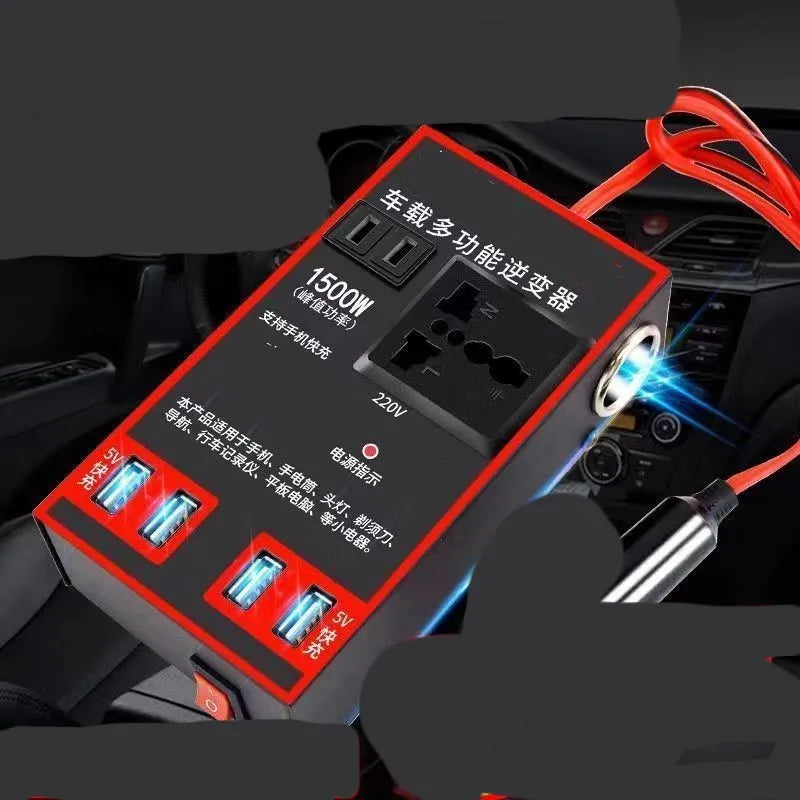 Black automotive power converter with USB charging ports for 12V/24V to 220V vehicle power conversion