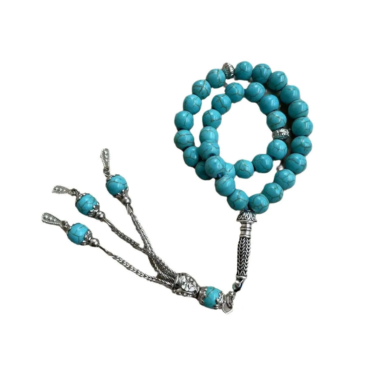 Handmade Muslim prayer bracelet made of sky blue 8mm stone beads on a wrist.