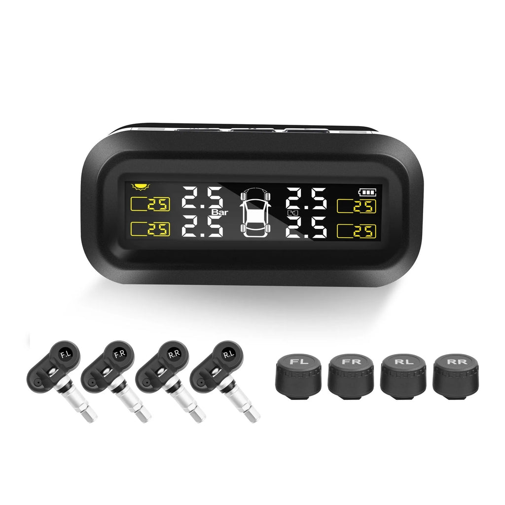 Solar wireless car tyre pressure monitoring system kit with colour screen display and four external sensors.