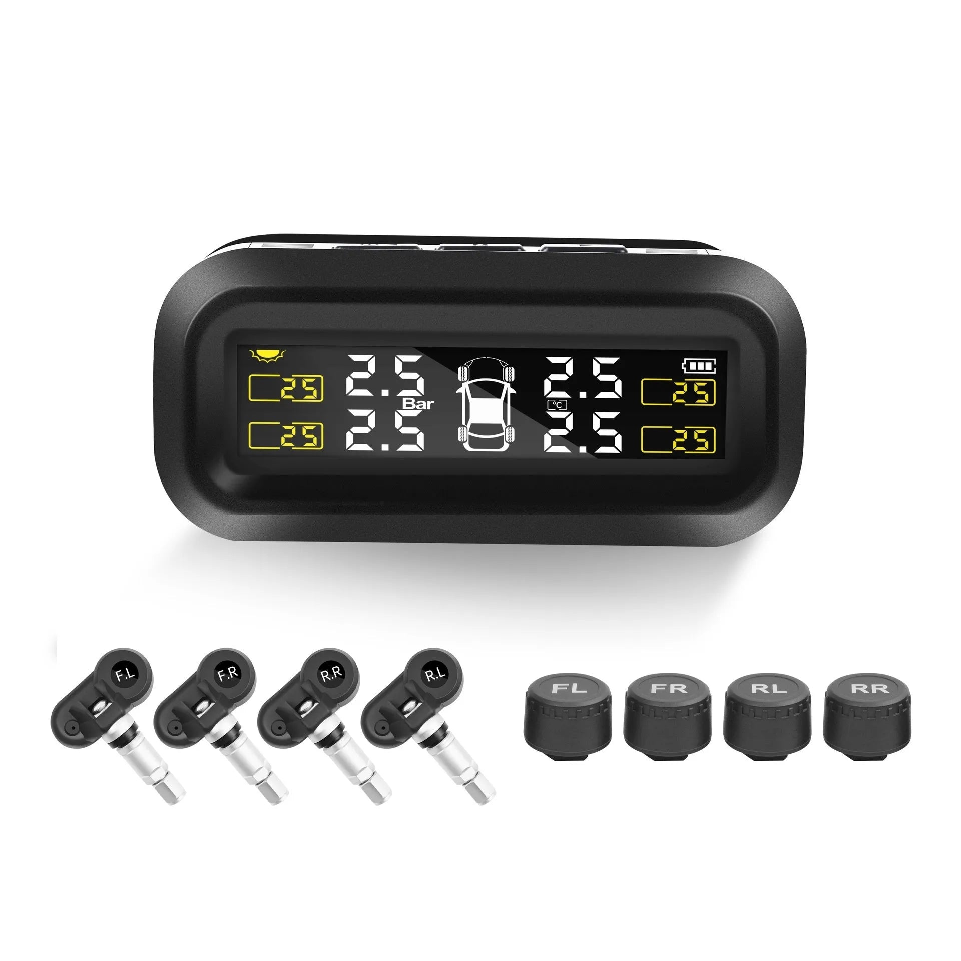 Solar wireless car tyre pressure monitoring system kit with colour screen display and four external sensors.
