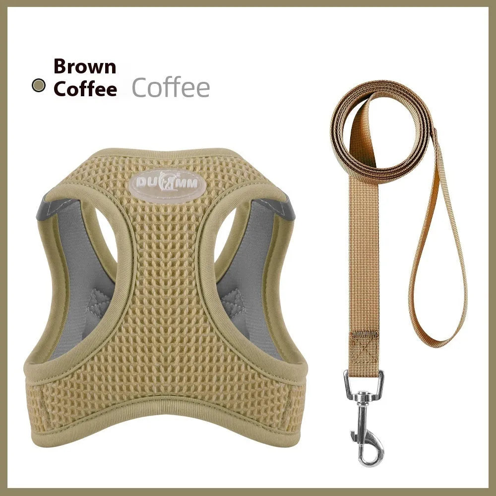 Brown cloth dog harness with a chest strap and hand-holding rope for walking control.