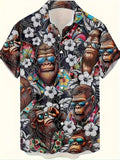 Men's floral pattern short sleeve shirt in loose cardigan style with elastic polyester fabric