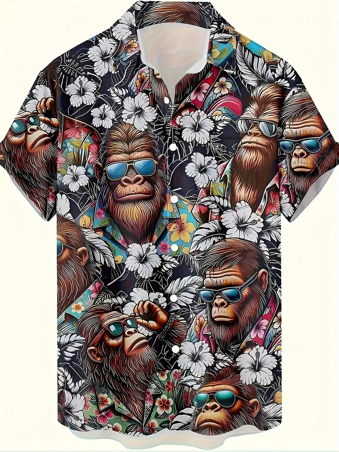Men's floral pattern short sleeve shirt in loose cardigan style with elastic polyester fabric