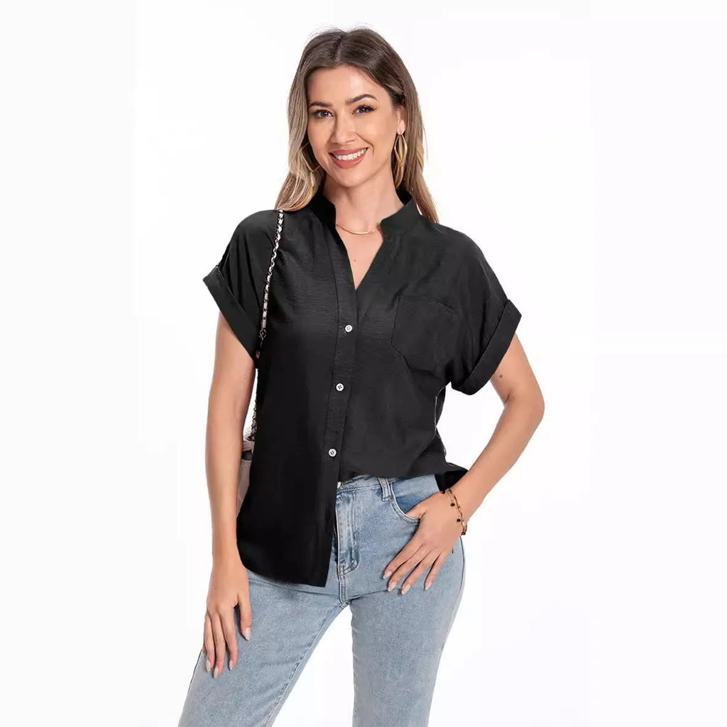Women's loose fit short sleeve summer top with stand collar and button front in Army Green.