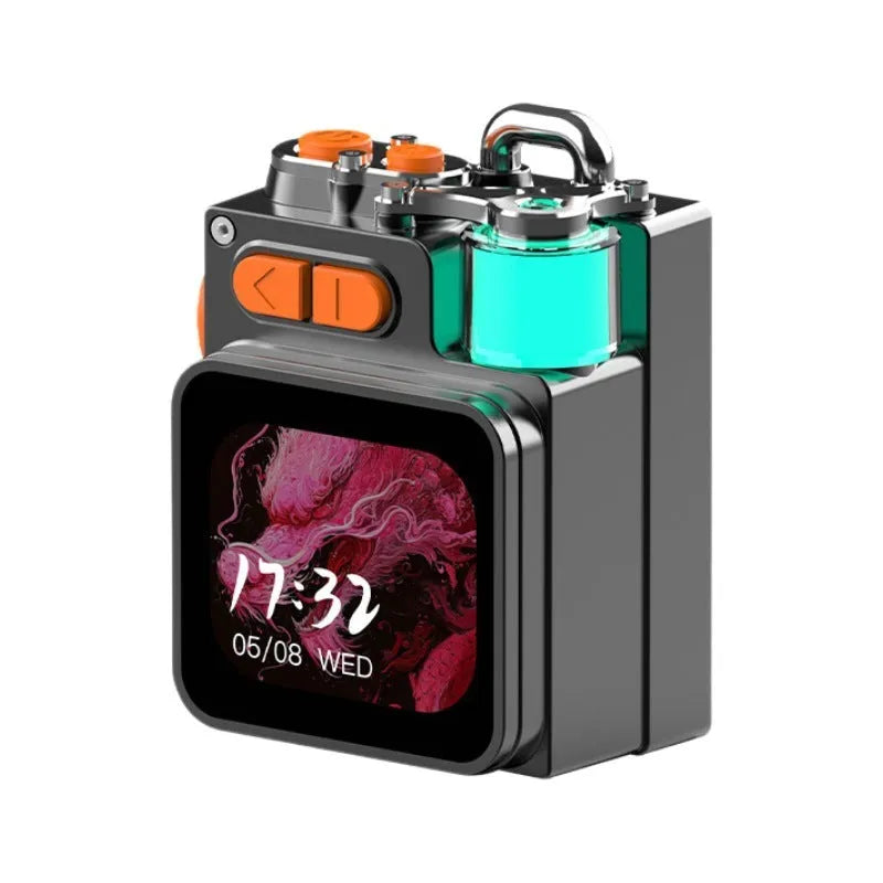 Dark grey portable Bluetooth speaker with a touch screen display on a flat surface.