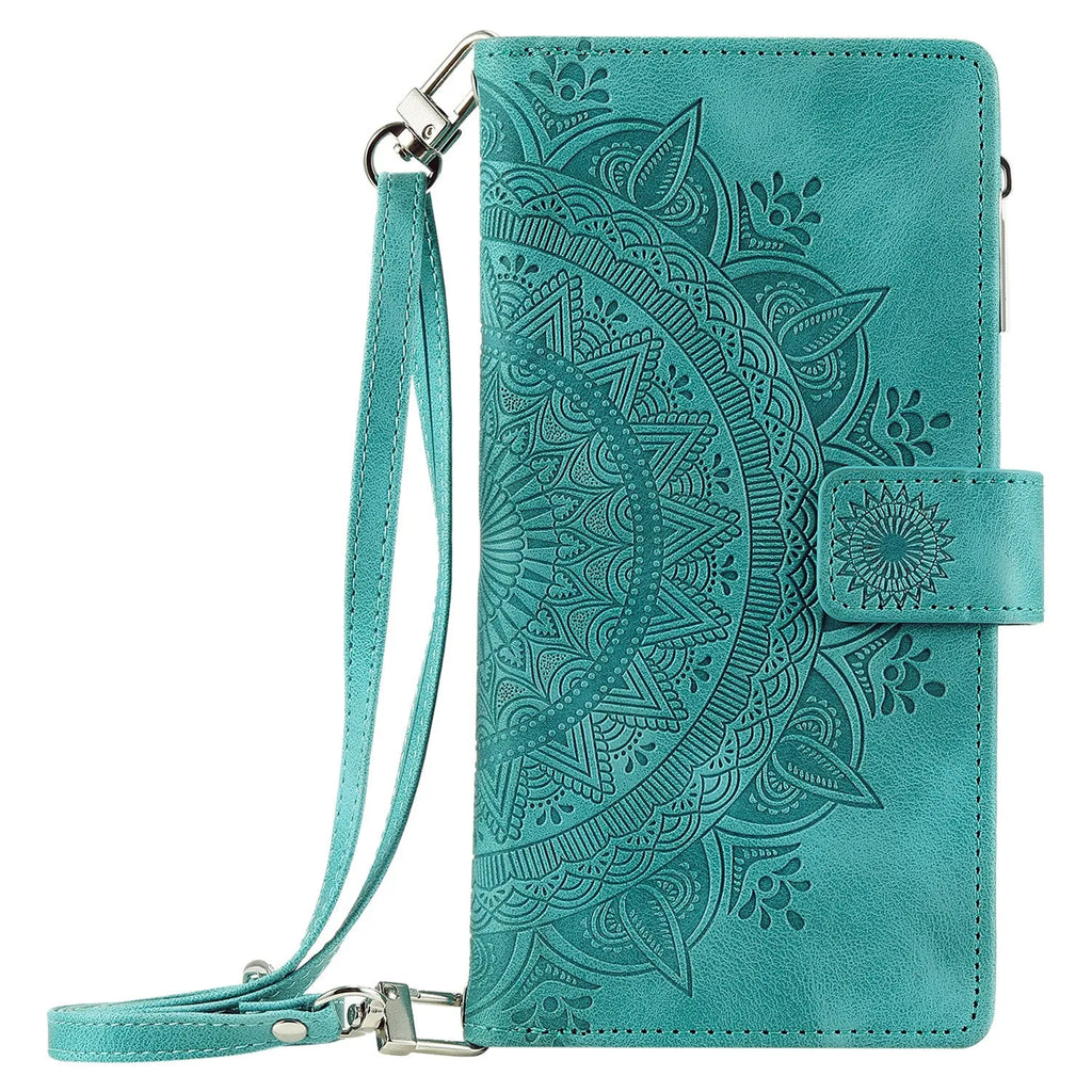 Multi-card embossed totem PU leather flip phone case for iPhone 16 Pro with zipper wallet and stand, shown in black, blue, green, pink, red, and purple.