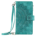 Multi-card embossed totem PU leather flip phone case for iPhone 16 Pro with zipper wallet and stand, shown in black, blue, green, pink, red, and purple.