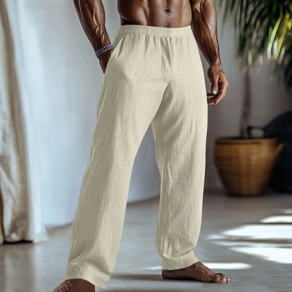 Straight-leg cotton linen casual trousers in light green colour showing front and back views