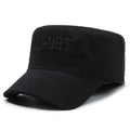 Men's flat-top peaked cotton cap in army green with adjustable strap and English letter detail on the front.