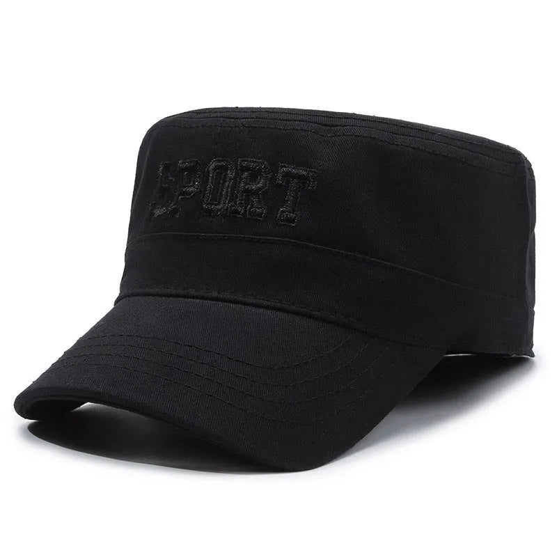 Men's flat-top peaked cotton cap in army green with adjustable strap and English letter detail on the front.