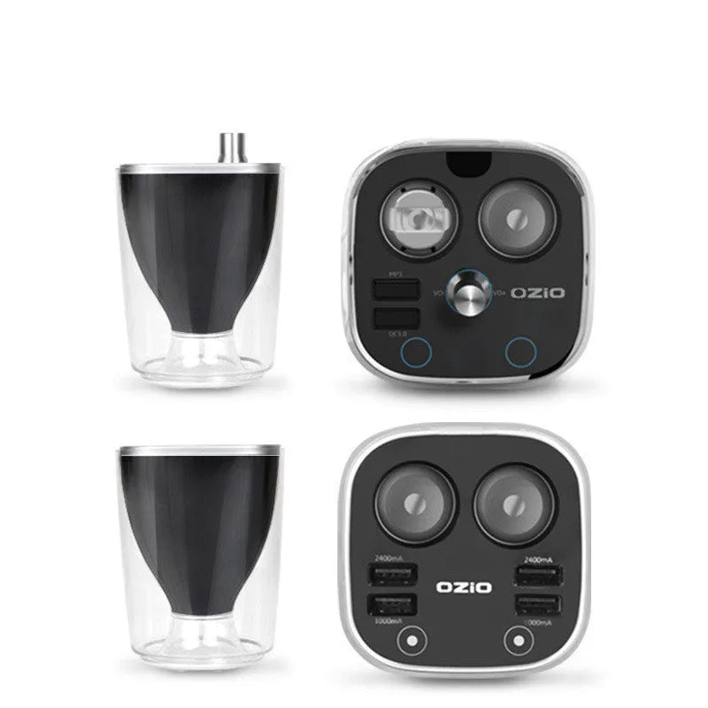Black ABS car charger with USB port and Bluetooth, 72x62x95mm, on a white background
