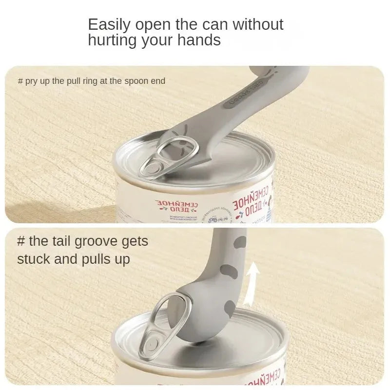 Silicone pet food spoon and airtight can lid set in grey, pink, or yellow for dog and cat wet food.