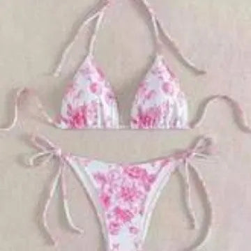 Sexy ink painting print halter lace-up bikini set in multicolor for women swimming wading sports, black light blue pink options