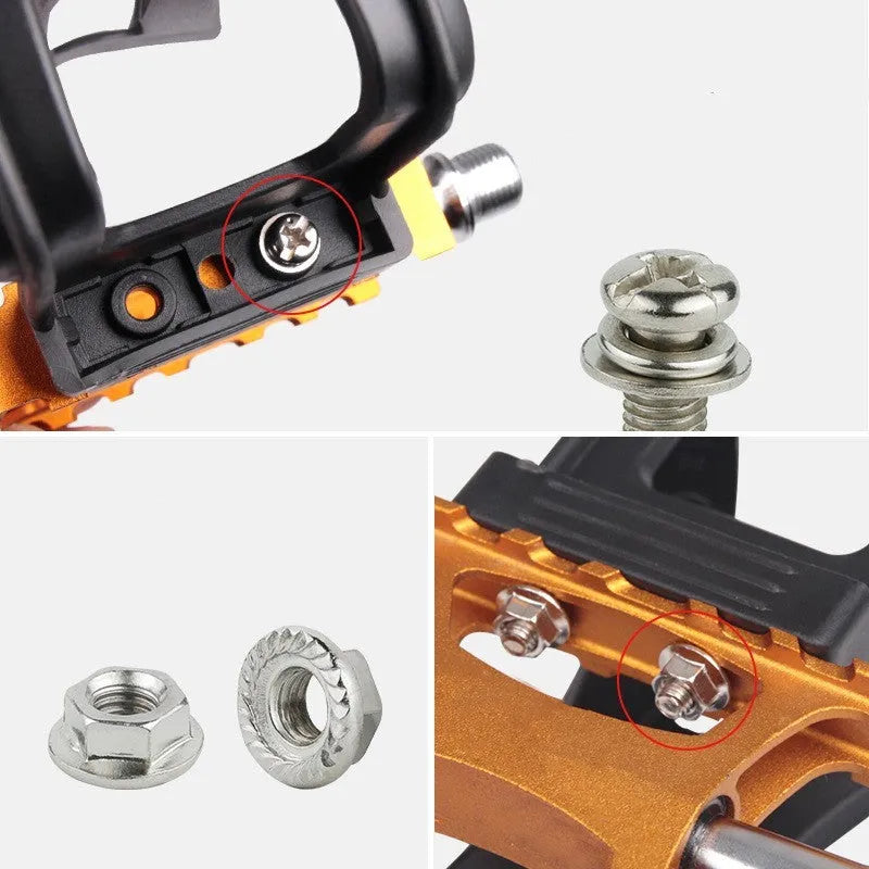Fitness spinning pedal foot holder rope kit with plastic sets, metal bolts, and flange nuts on black background