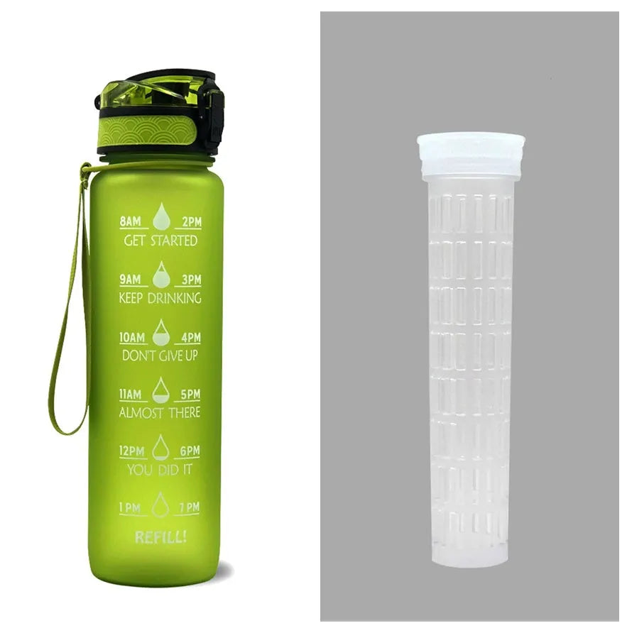 Blue-red gradient 1L Tritan water bottle with time markers and flip-top lid on a gym bag