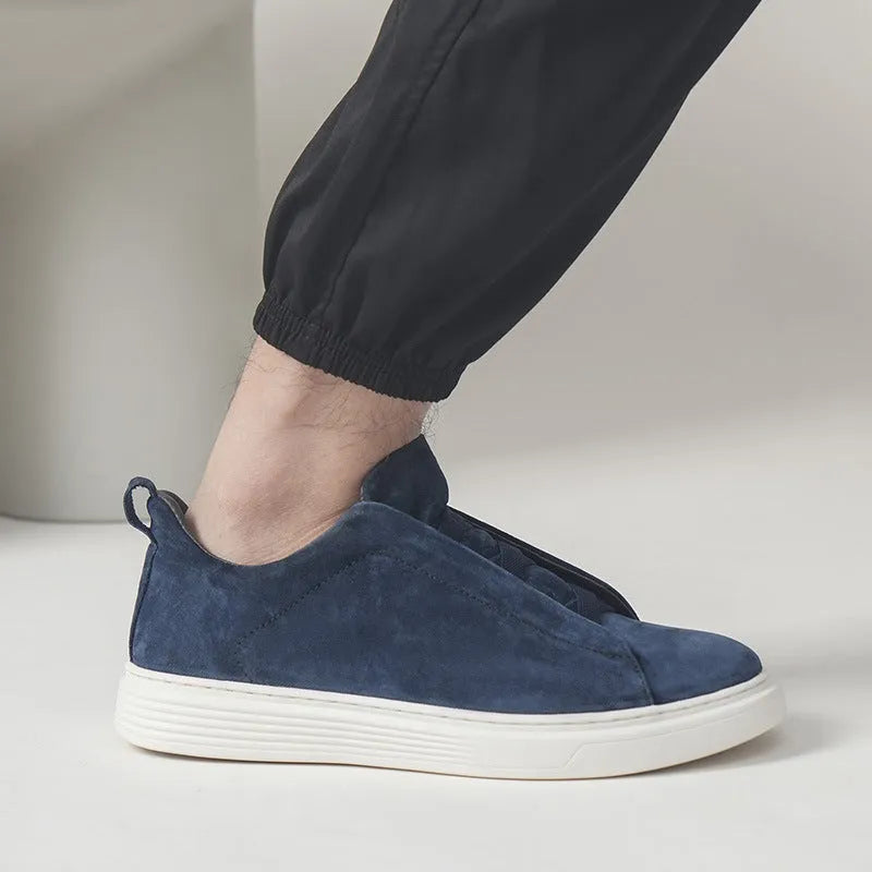 Men's elastic no-tie casual sneakers top pigskin leather upper rubber sole low top round toe solid colour flat heel shallow mouth size 37-46