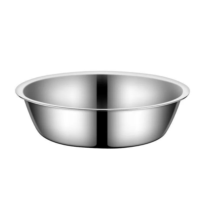 Stainless steel pet bowl with non-slip base shown in various sizes from 13cm to 22cm diameter.