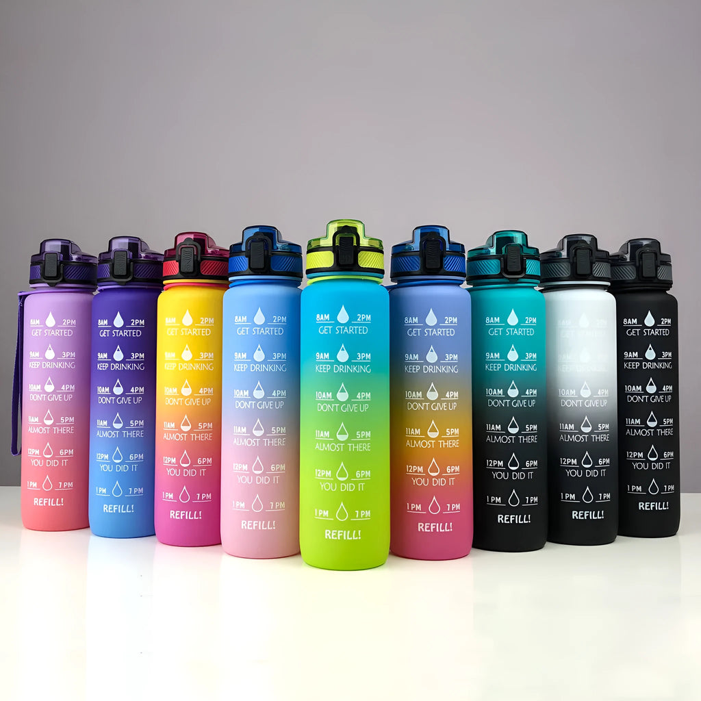 Sports frosted gradient water bottle 1L in multiple colour options including blue and pink gradient, purple and orange gradient, and black gradient