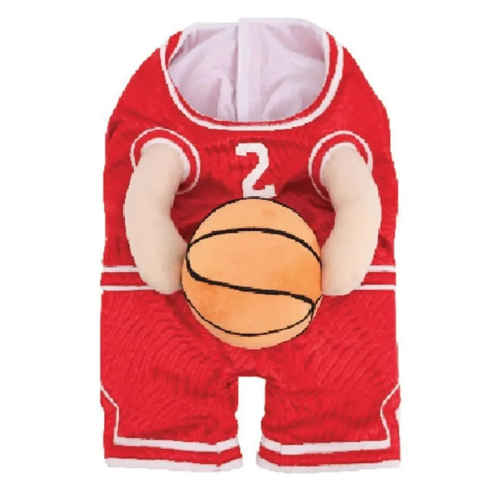Red dog wearing a basketball costume with a matching basketball accessory.