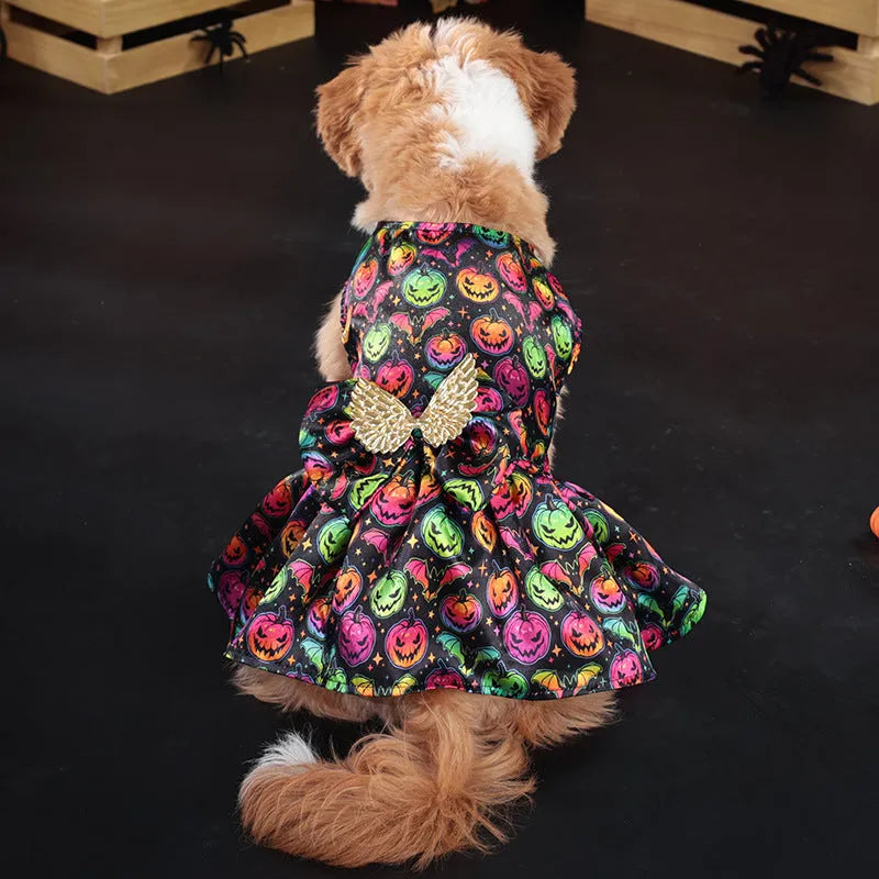 Halloween dog costume with angel wings in bright pumpkin orange colour.
