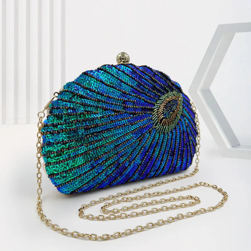 Women's vintage beaded one-shoulder crossbody chain handbag in blue, black, gold, silver or red with phone and ID pockets.