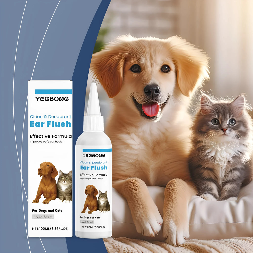 100ml bottle of gentle ear cleaner solution for dogs and cats on a white background.