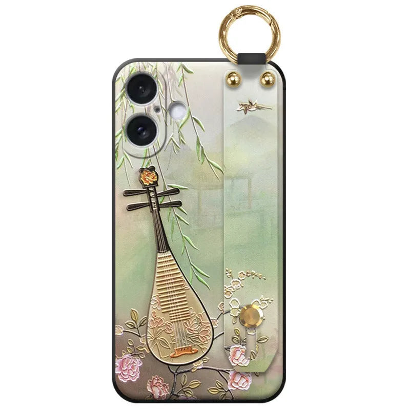 Creative retro pipa flower-bird print black TPU phone case with blue flowers for iPhone