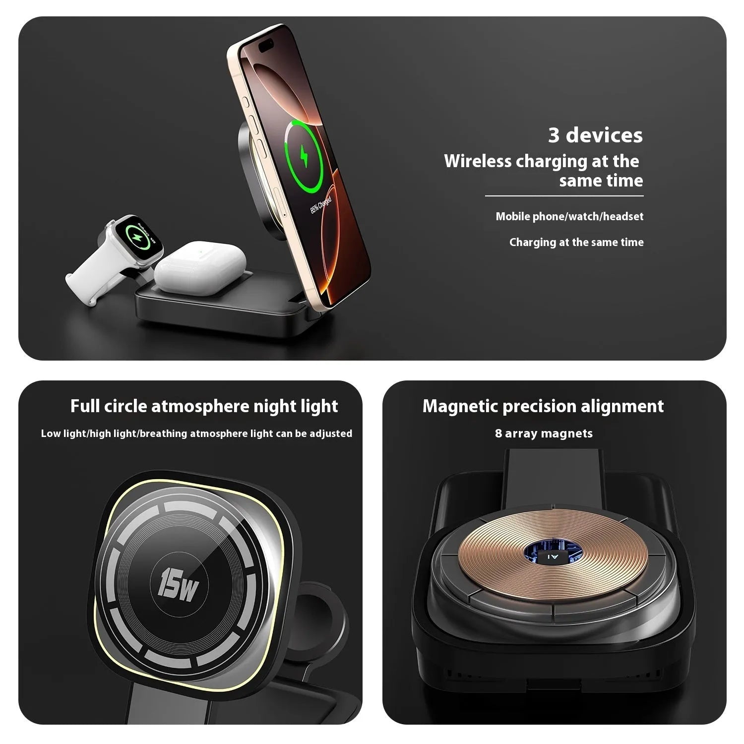 C40 foldable three-in-one wireless charger for mobile phone earphone and Apple Watch in black on a desk