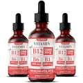 Dropper bottle of liquid Vitamin B12 supplement drops on a white background.