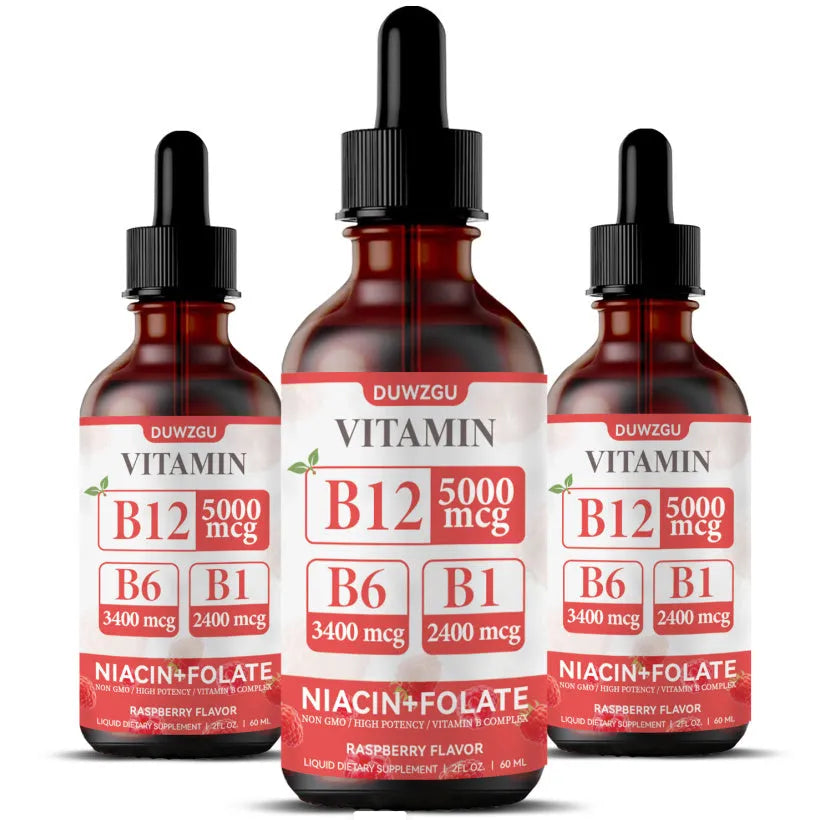 Dropper bottle of liquid Vitamin B12 supplement drops on a white background.