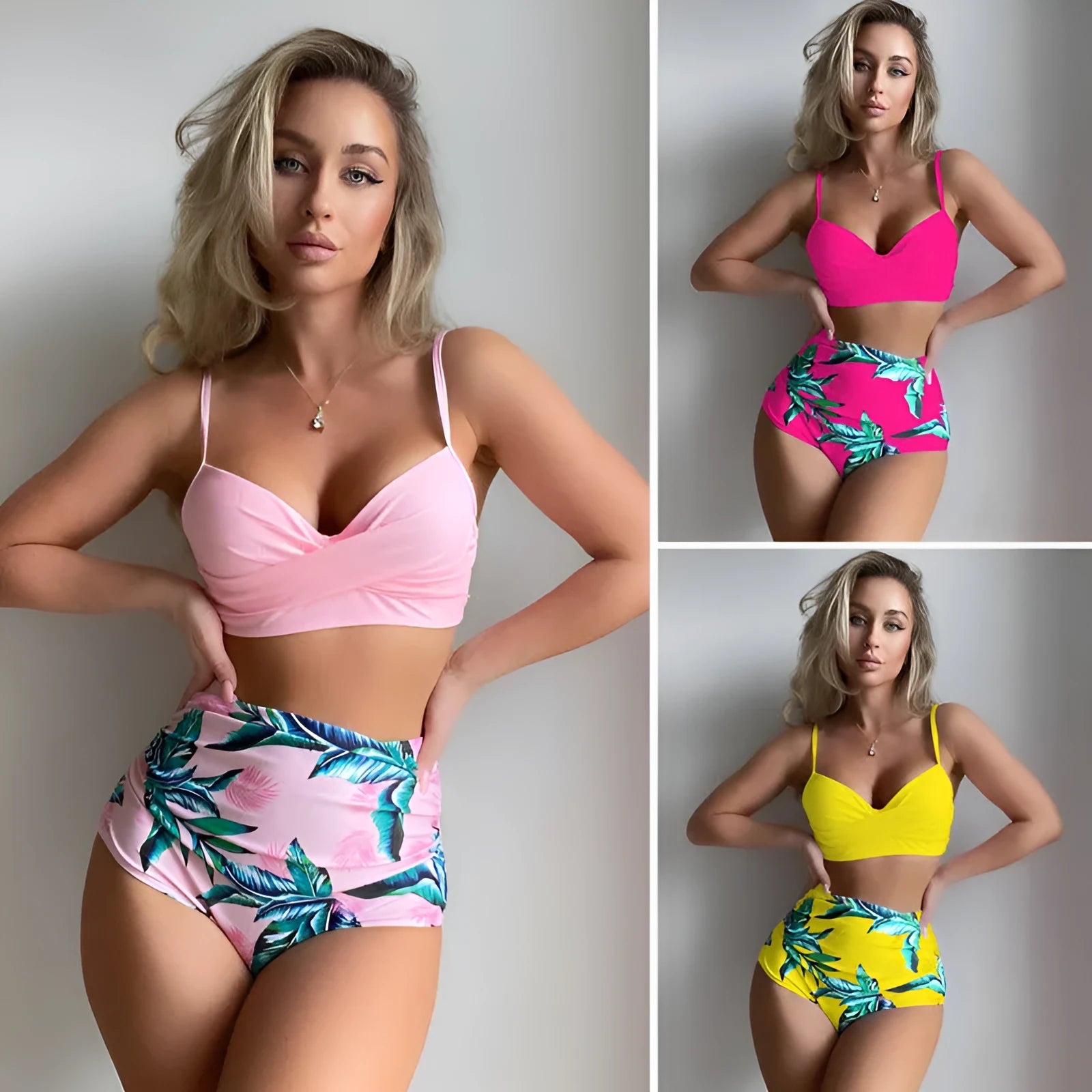 Women's yellow floral printed bikini set with push-up bra and high-waisted shorts