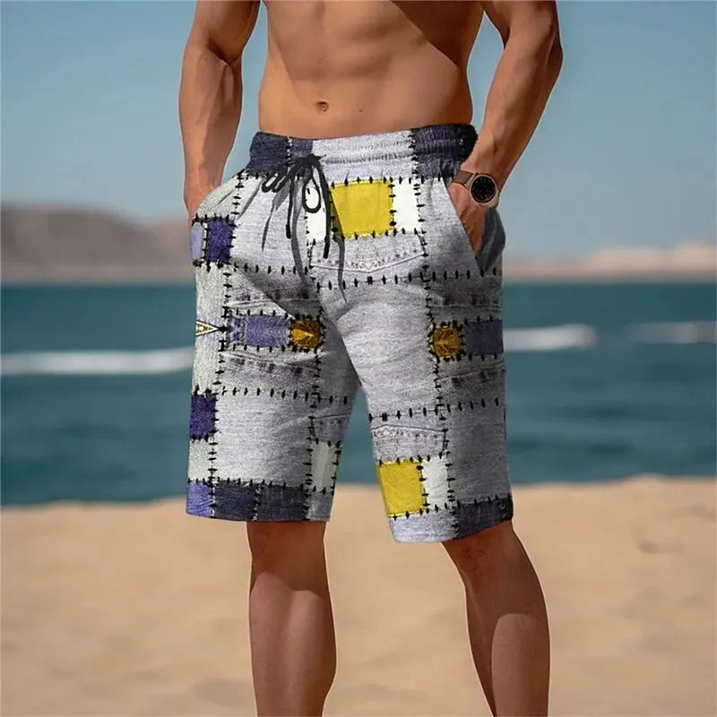 Man wearing loose-fit 3D plaid mesh shorts in a summer setting