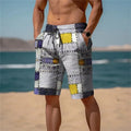 Man wearing loose-fit 3D plaid mesh shorts in a summer setting