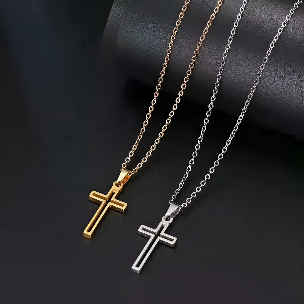 Hip hop style titanium steel cross necklace with electroplated gold finish on stainless steel chain