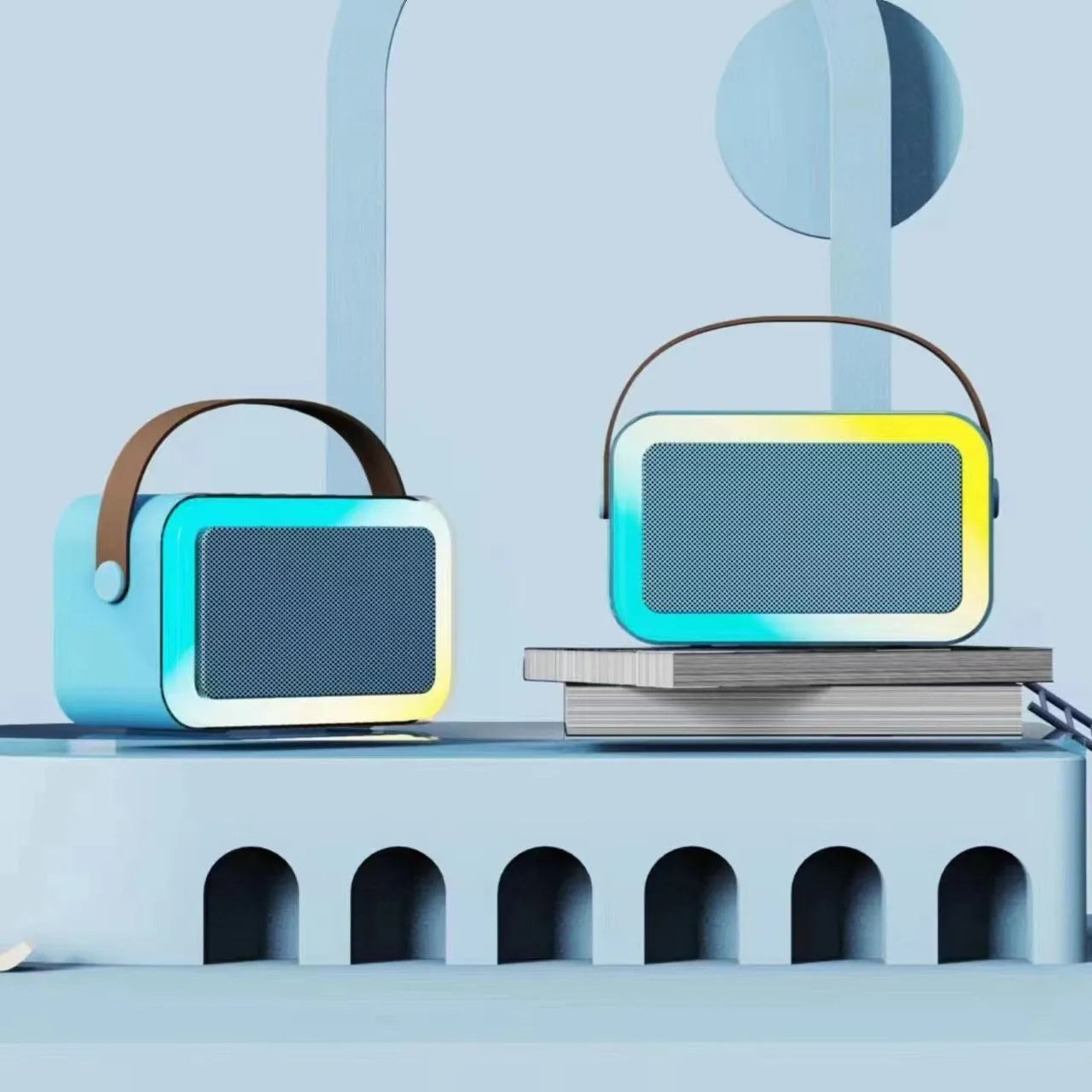 Portable Bluetooth speaker microphone with coloured LED lights in pink, sky blue, or white.