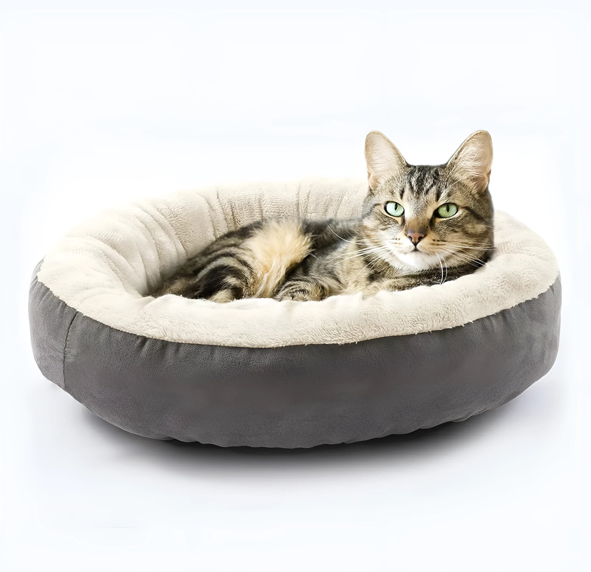 Circular soft cloth pet bed nest in blue colour showing raised edges and nesting area