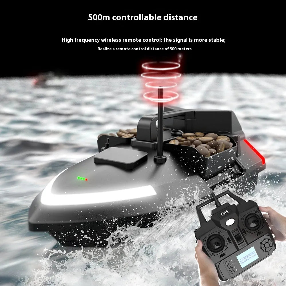 V020 GPS remote control fishing boat with LED lights on water, showing handbag and remote.