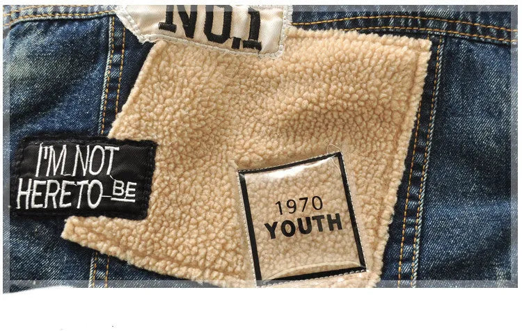 Children's baby thickened fleece-lined Korean style denim jacket with fur collar in denim colour, size 110 cm