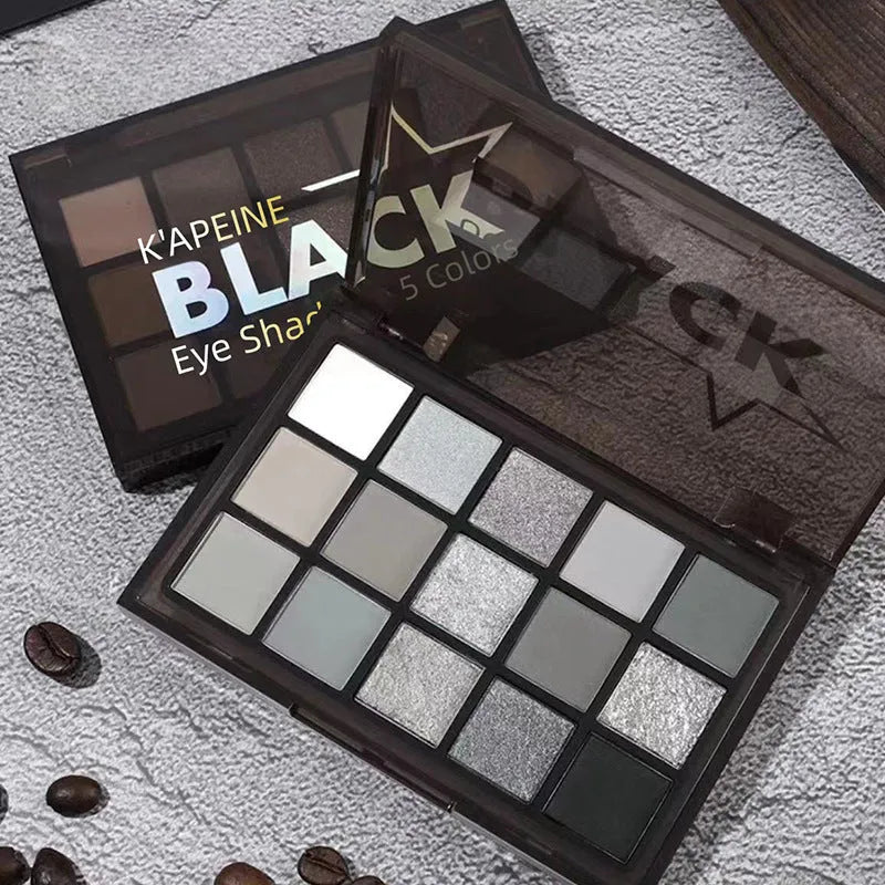 15-colour Night Elf eyeshadow palette showing matte and shimmer shades for smoky makeup.
