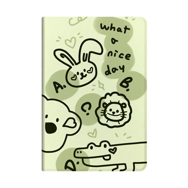 Ins Korean cartoon flip tablet case for iPad with imitation leather and TPU in Matcha Zoo pattern