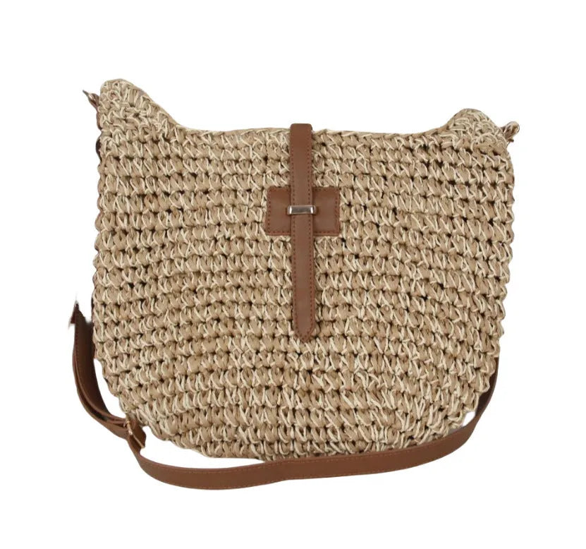 Handmade woven fashion bag with sandwich pocket construction in beige colour