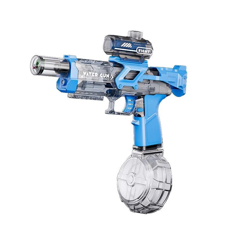 Electric water gun toy in blue and black with continuous pulse feature