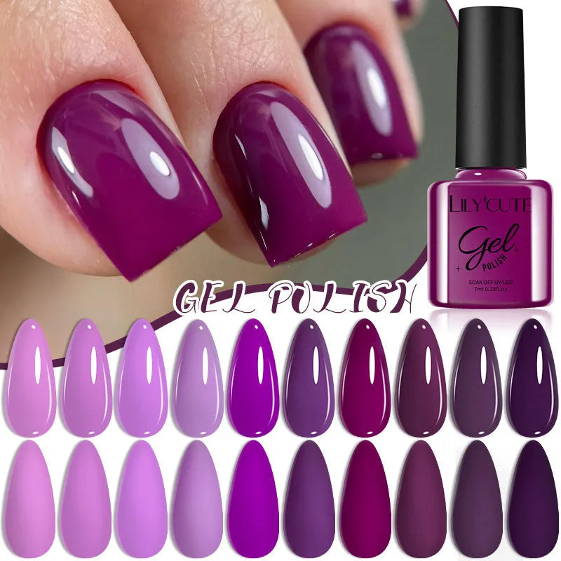 Set of twenty bottles of glitter and solid colour UV gel nail polish in a case.