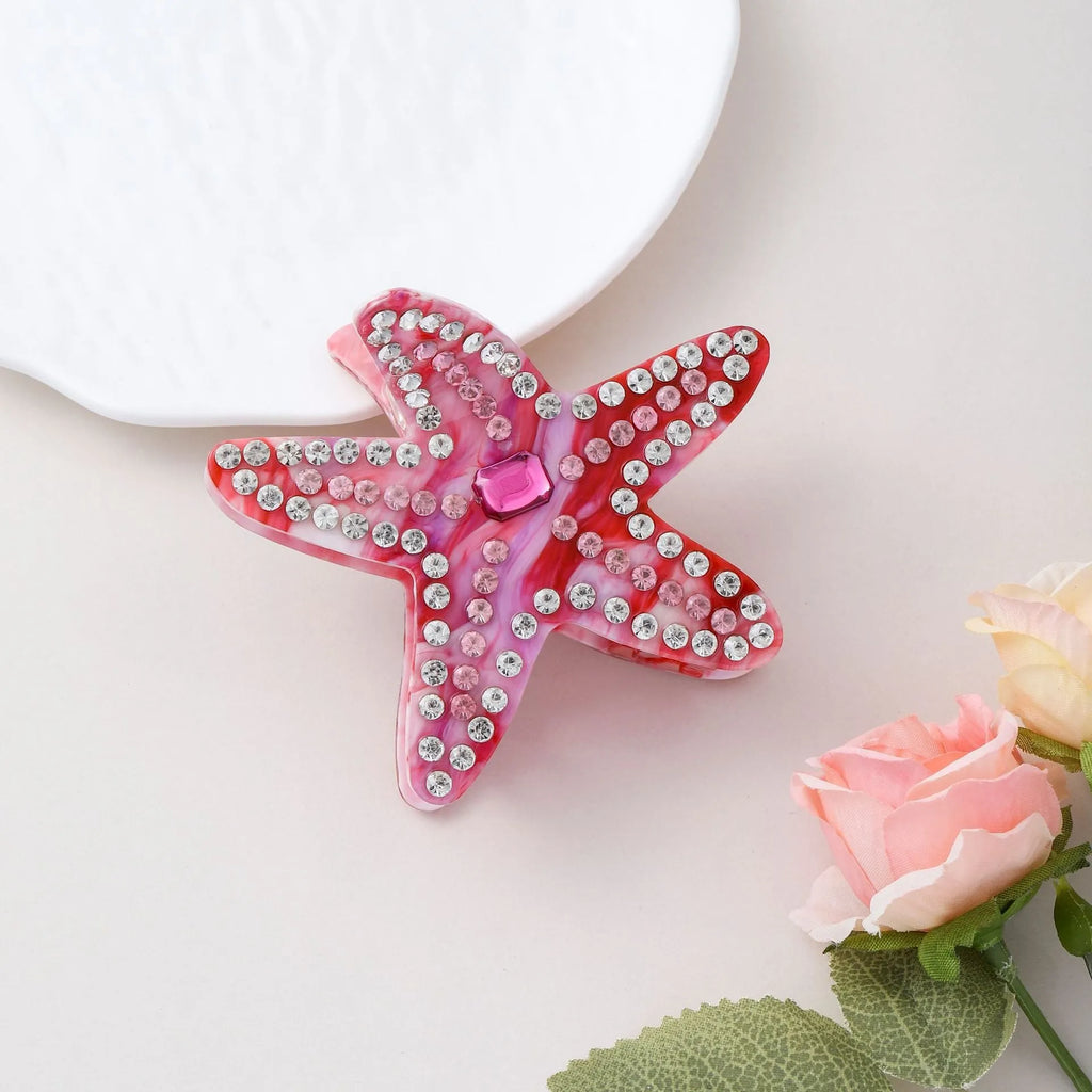 Acrylic starfish diamond encrusted hairpin in blue and pink colours length 8cm